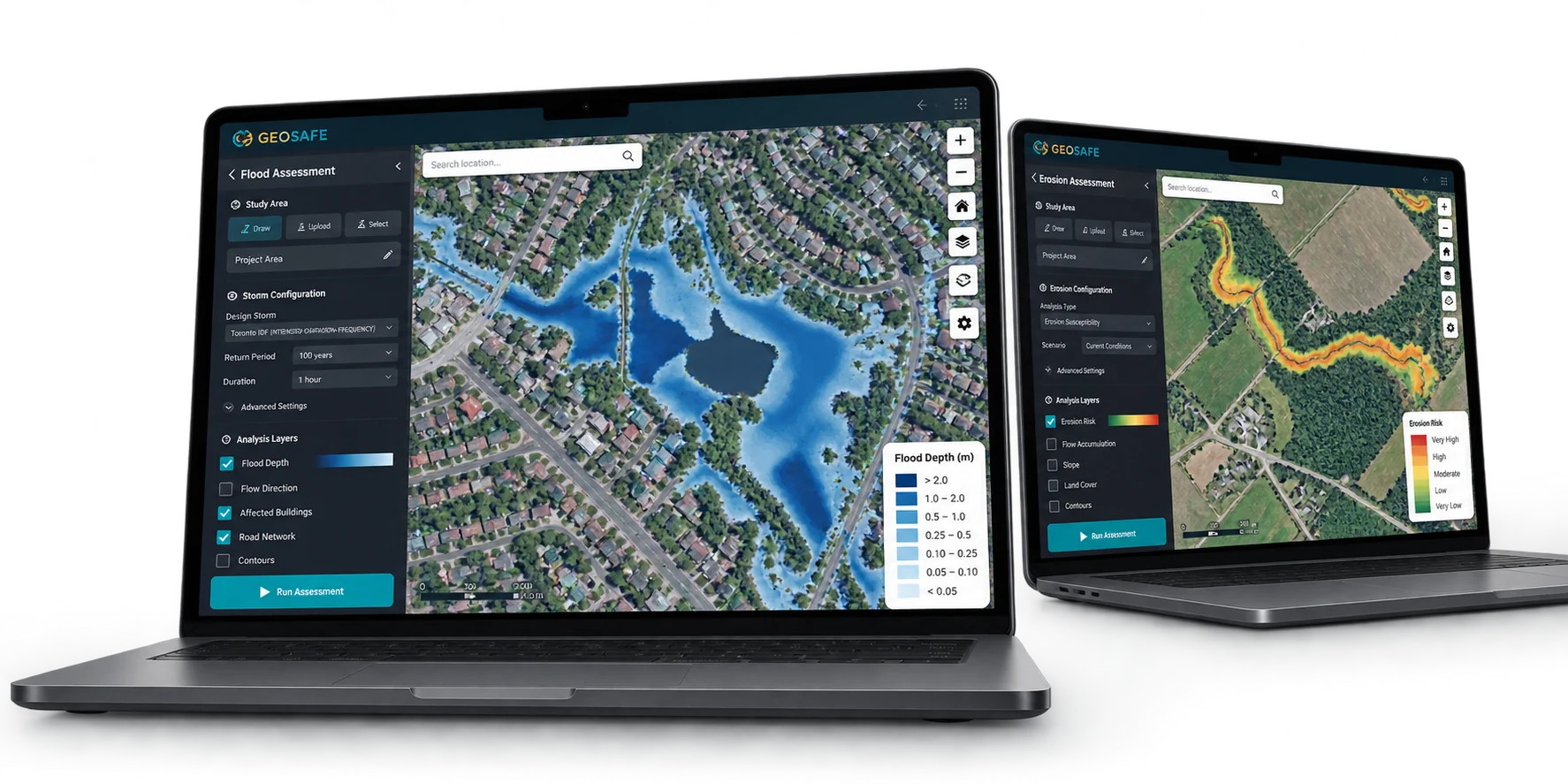 GeoSafe Desktop flood assessment and erosion assessment shown on two laptops